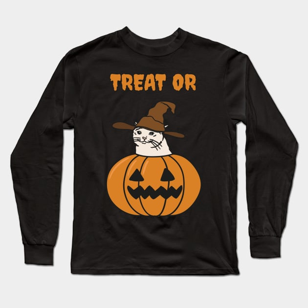 Halloween Crying Cat in Jack O Lantern Long Sleeve T-Shirt by strangelyhandsome